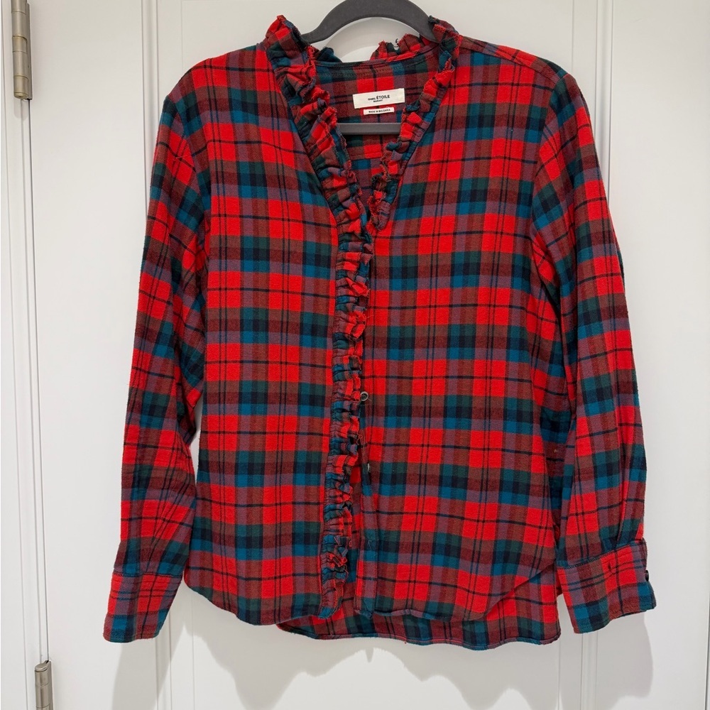 Isabel Marant Etoile Red and Green Plaid Button-Front Top with Ruffled Collar - Picture 3 of 6